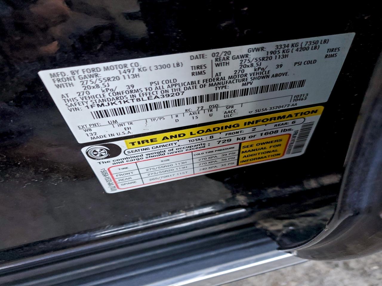 2020 Ford Expedition Max Limited VIN: 1FMJK1KT8LEA39207 Lot: 95732075