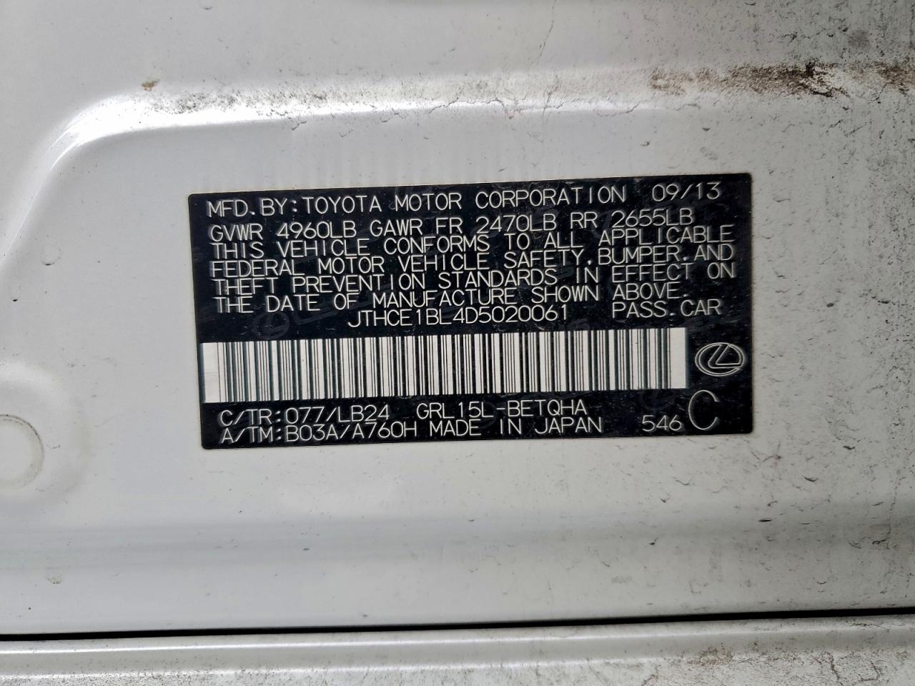 2013 Lexus Gs 350 VIN: JTHCE1BL4D5020061 Lot: 94989425