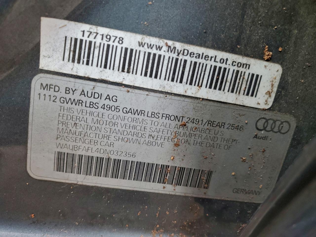 2013 Audi A4 Premium VIN: WAUBFAFL4DN032356 Lot: 95001035