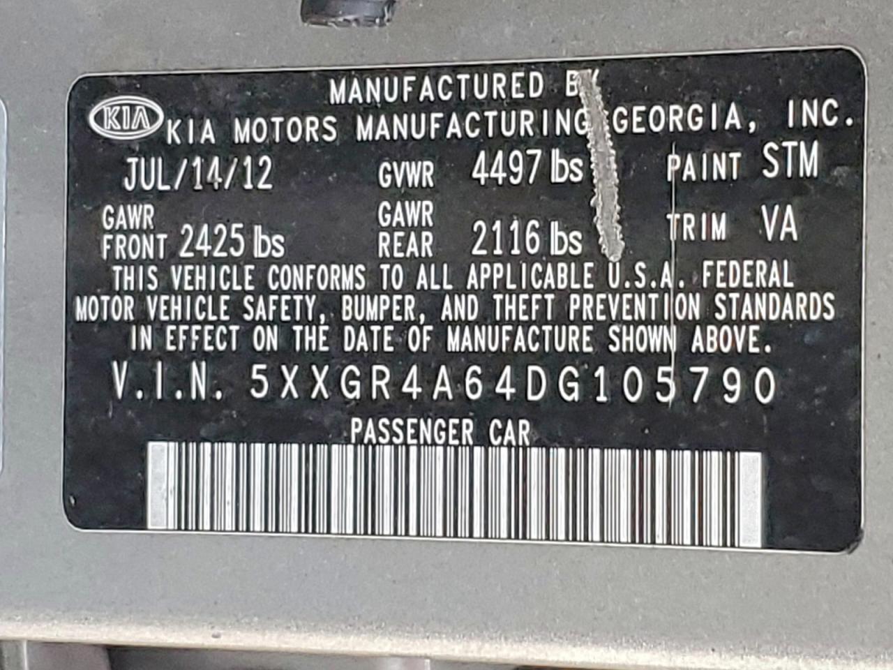 2013 Kia Optima Sx VIN: 5XXGR4A64DG105790 Lot: 94820025