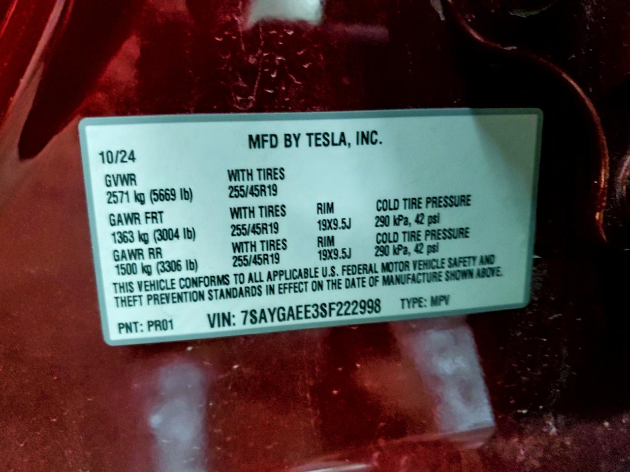 2025 Tesla Model Y VIN: 7SAYGAEE3SF222998 Lot: 92075855