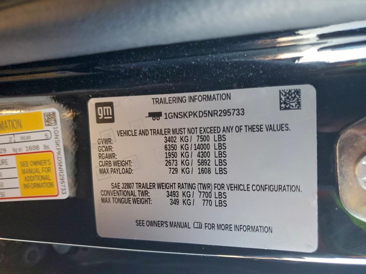 2022 Chevrolet Tahoe K1500 Z71 VIN: 1GNSKPKD5NR295733 Lot: 95641985