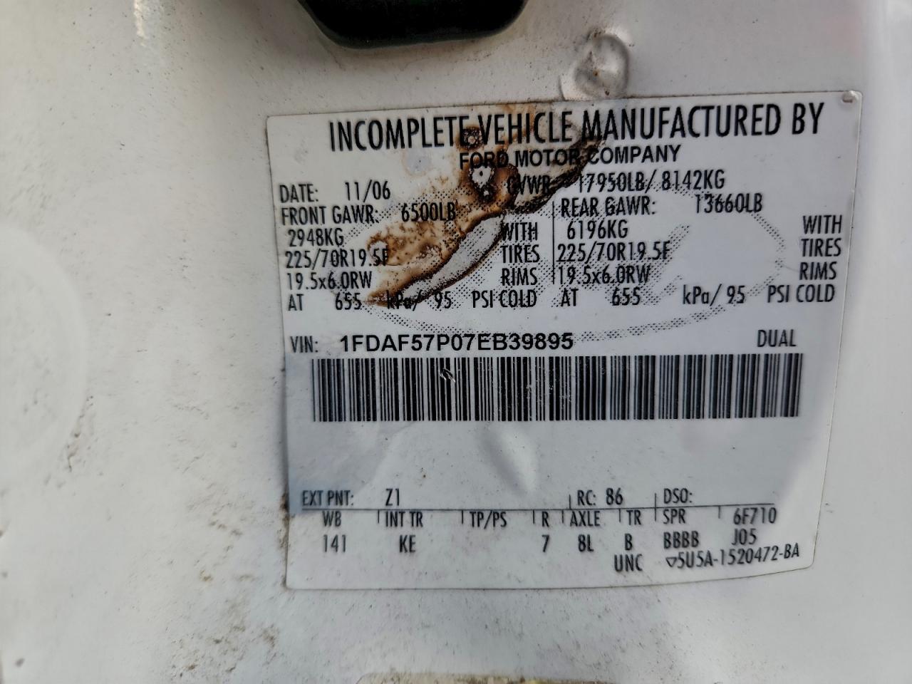 2007 Ford F550 Super - Delivery Truck VIN: 1FDAF57P07EB39895 Lot: 96561365