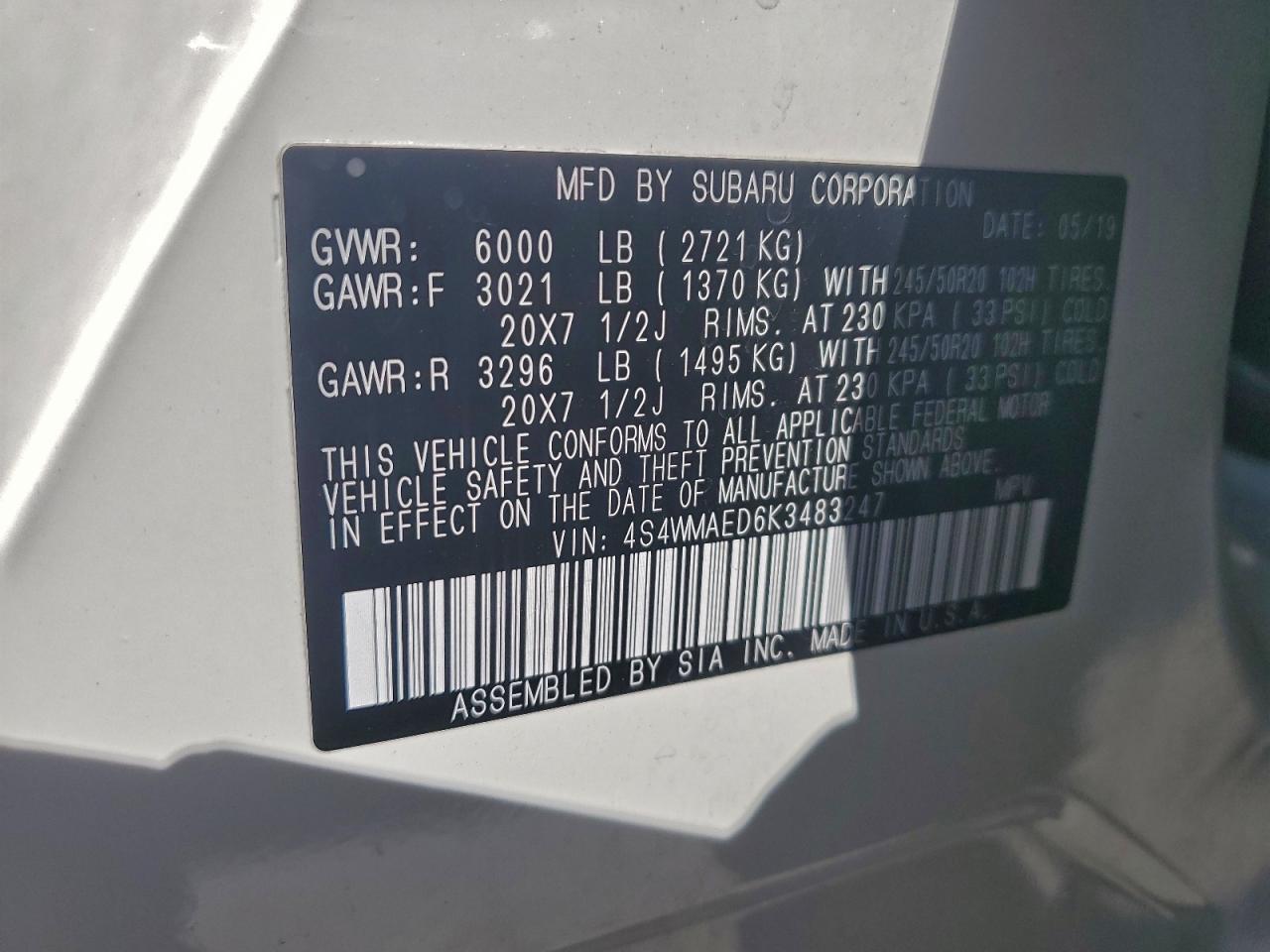 2019 Subaru Ascent Premium VIN: 4S4WMAED6K3483247 Lot: 95962965