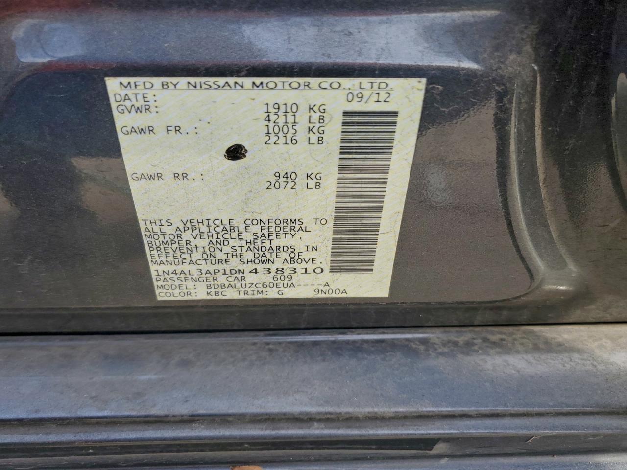 2013 Nissan Altima 2.5 VIN: 1N4AL3AP1DN438310 Lot: 95413065