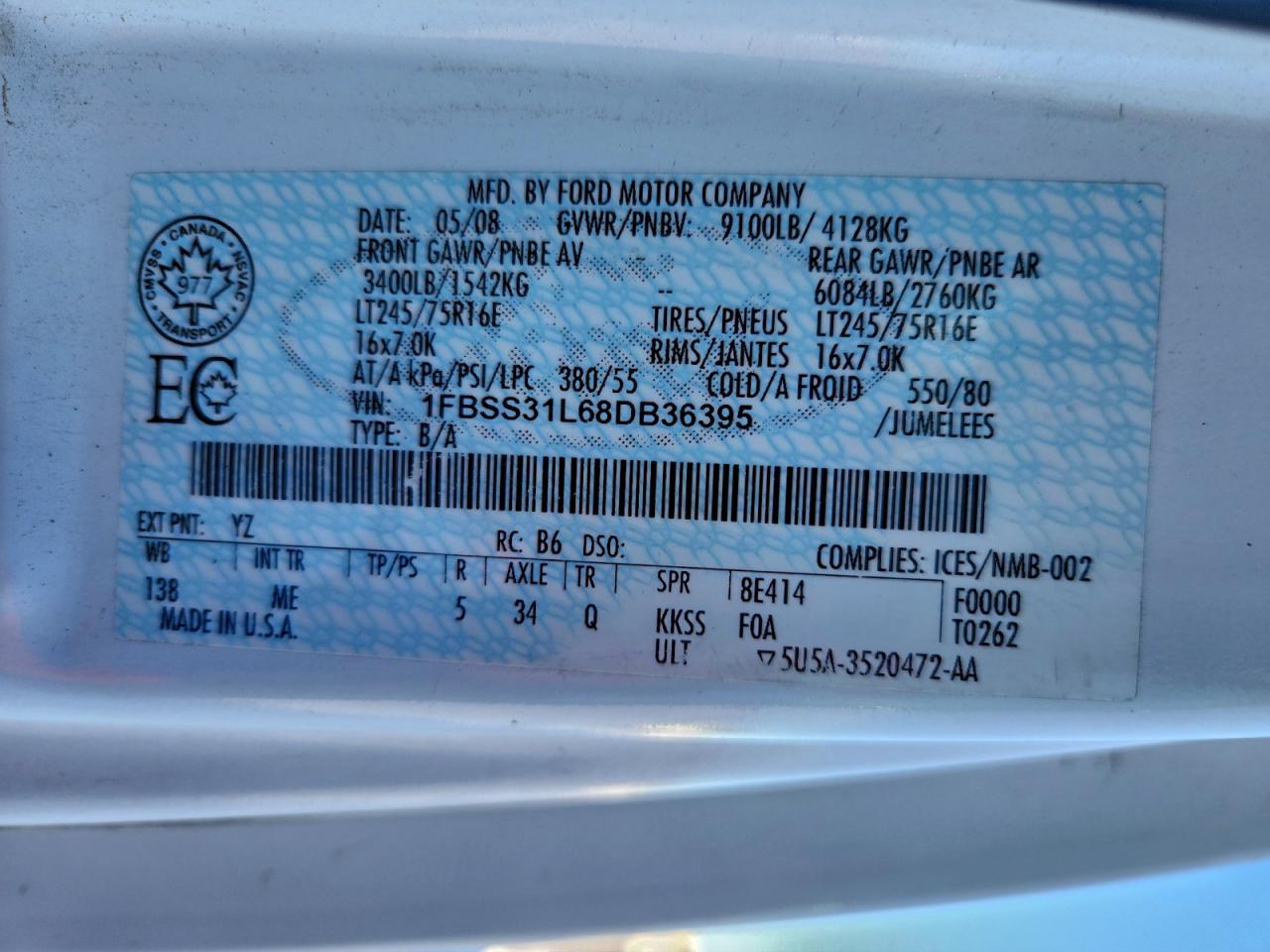 2008 Ford Econoline E350 Super Duty Wagon VIN: 1FBSS31L68DB36395 Lot: 96875955