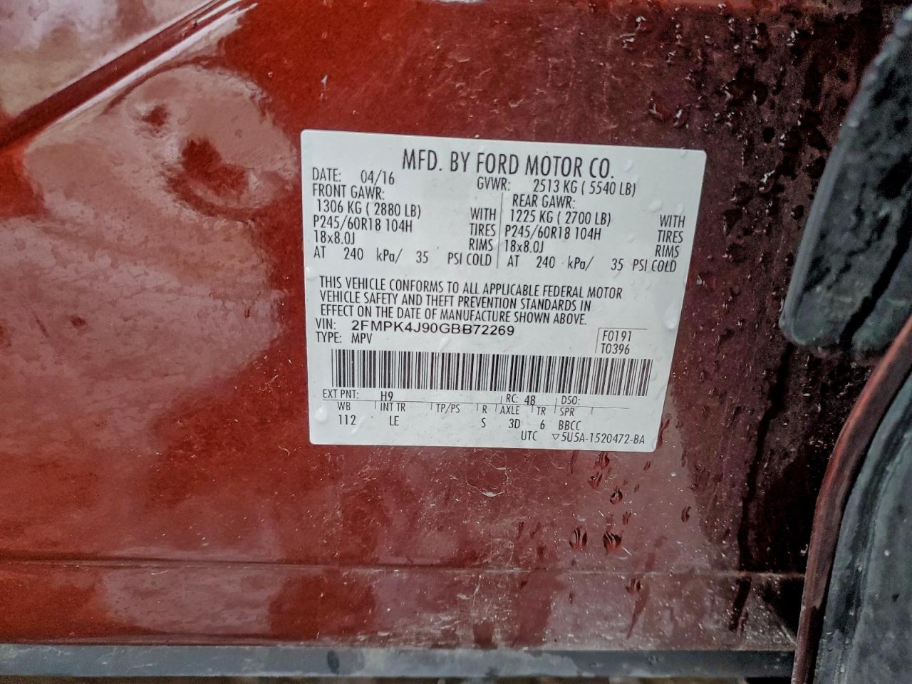 2016 Ford Edge Sel VIN: 2FMPK4J90GBB72269 Lot: 96041745