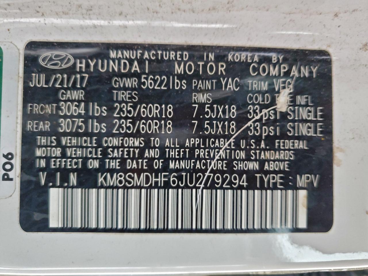 2018 Hyundai Santa Fe Se VIN: KM8SMDHF6JU279294 Lot: 94969215