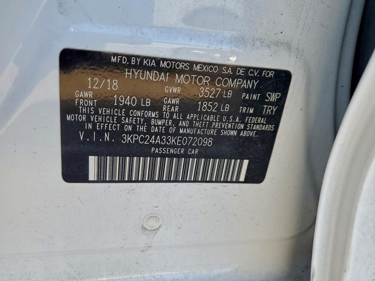 2019 Hyundai Accent Se VIN: 3KPC24A33KE072098 Lot: 96994345