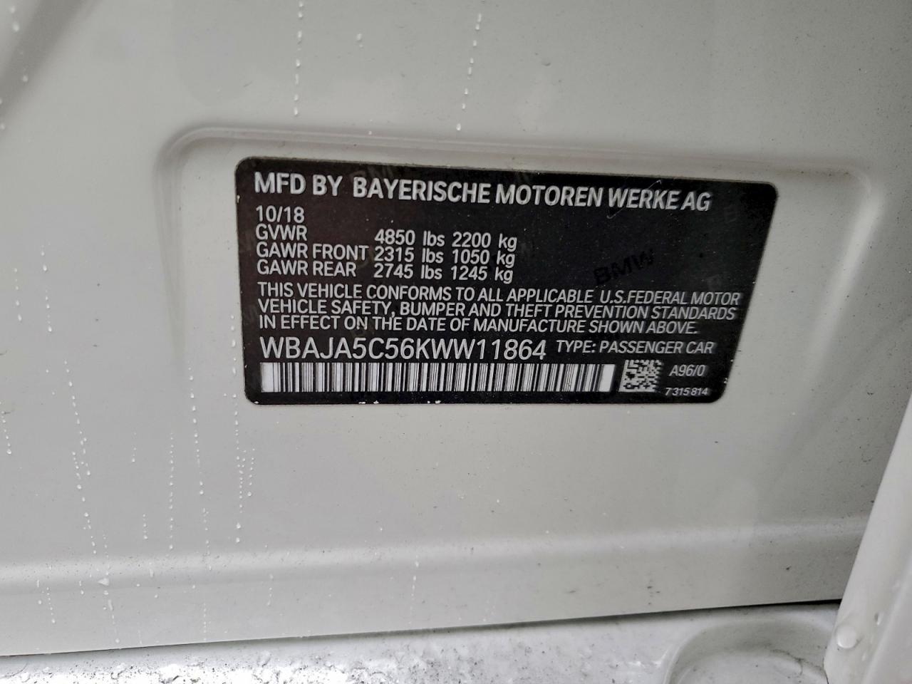 2019 BMW 530 I VIN: WBAJA5C56KWW11864 Lot: 94899765