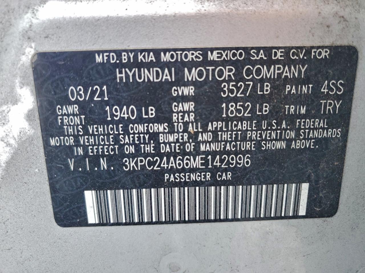 2021 Hyundai Accent Se VIN: 3KPC24A66ME142996 Lot: 94936895