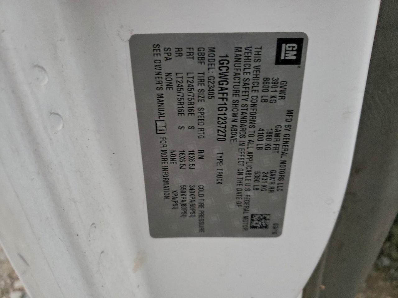 2016 Chevrolet Express G2500 VIN: 1GCWGAFF1G1237270 Lot: 95854615