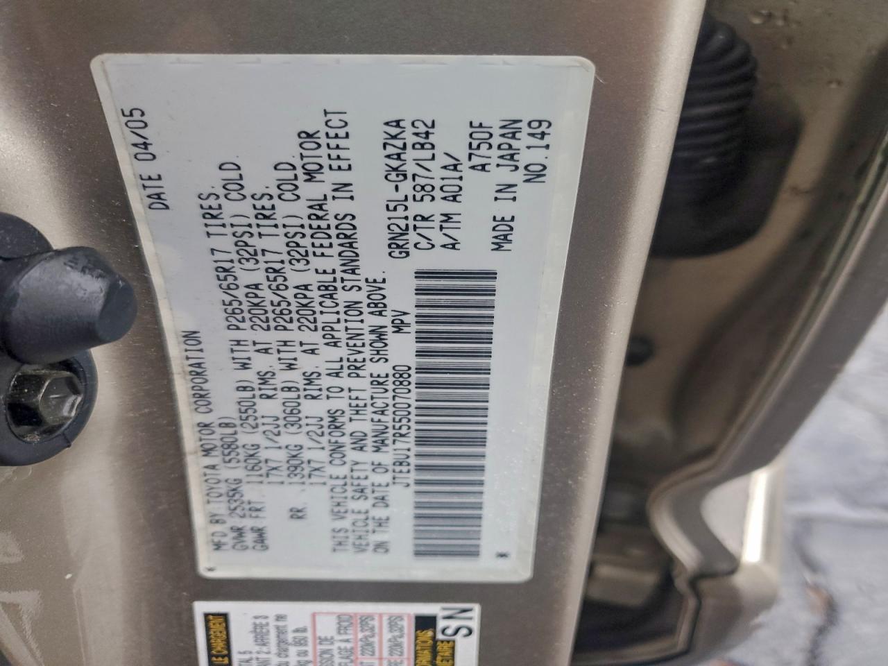 2005 Toyota 4Runner Limited VIN: JTEBU17R550070880 Lot: 94871225