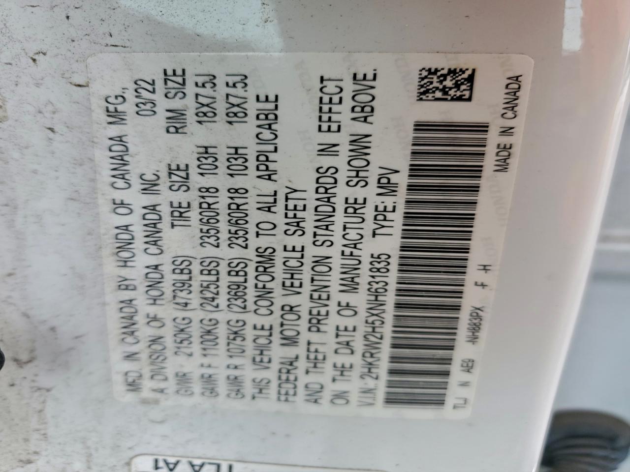 2022 Honda Cr-V Ex VIN: 2HKRW2H5XNH631835 Lot: 95359225