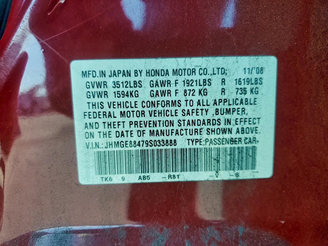 2009 Honda Fit Sport VIN: JHMGE88479S033888 Lot: 96401415