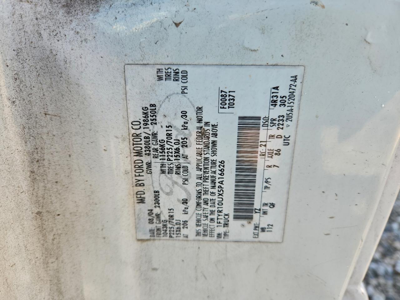 2005 Ford Ranger VIN: 1FTYR10UX5PA16626 Lot: 95342515