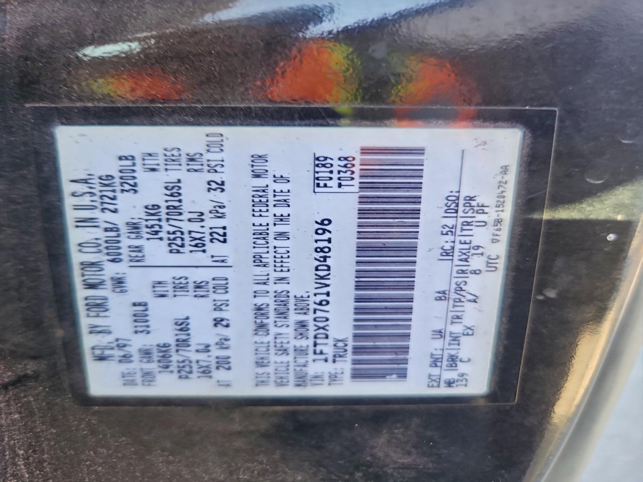 1997 Ford F150 VIN: 1FTDX0761VKD48196 Lot: 96678175