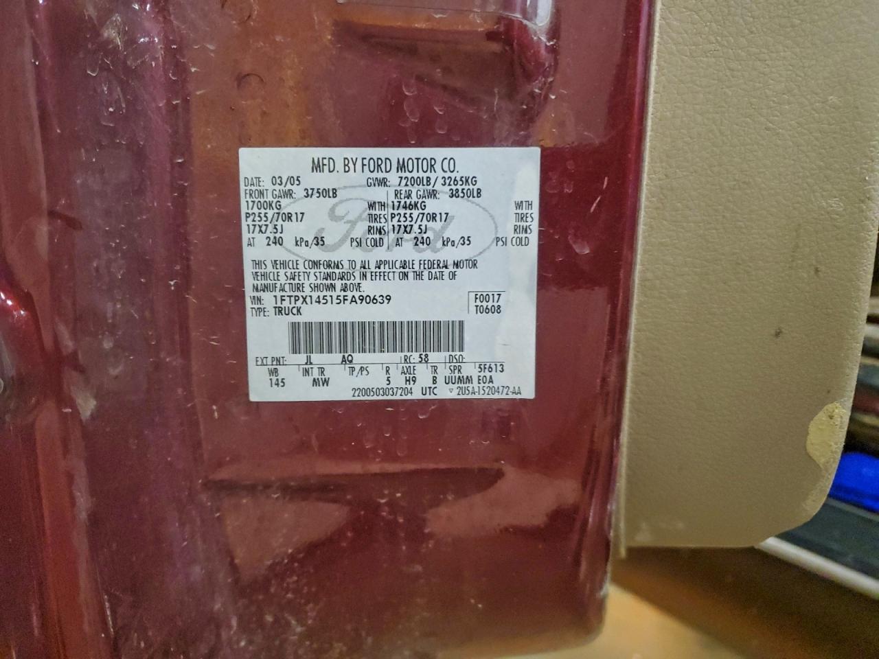 2005 Ford F150 VIN: 1FTPX14515FA90639 Lot: 94355285