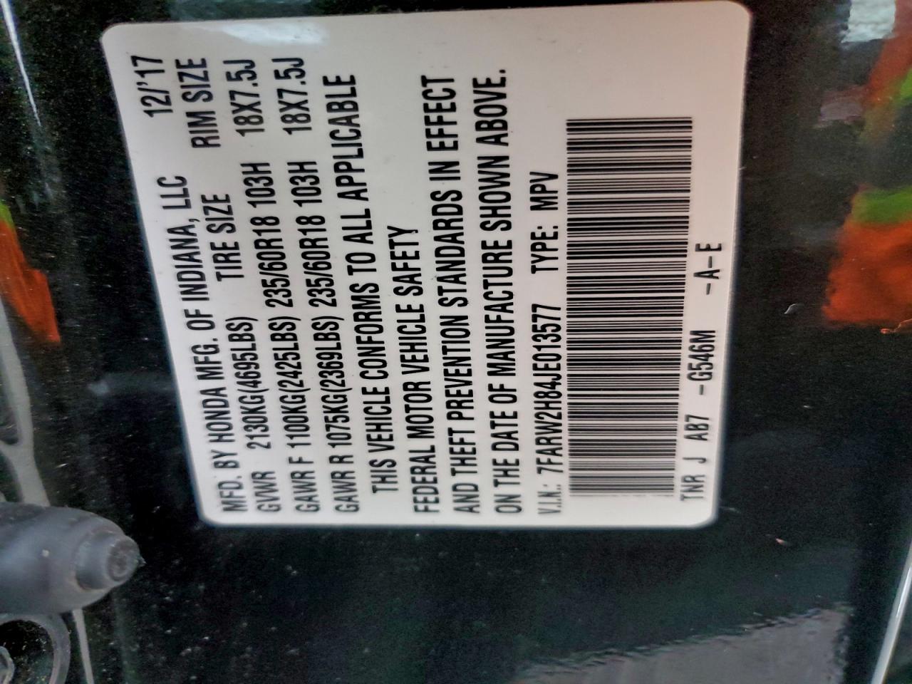 2018 Honda Cr-V Exl VIN: 7FARW2H84JE013577 Lot: 95838555