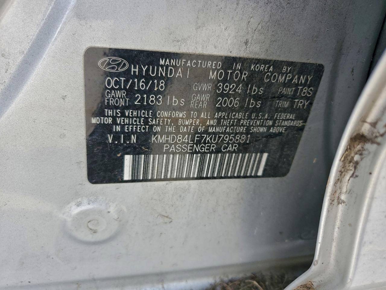 2019 Hyundai Elantra Sel VIN: KMHD84LF7KU795881 Lot: 96703175