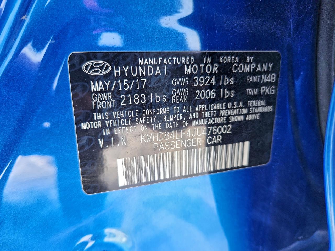 2018 Hyundai Elantra Sel VIN: KMHD84LF4JU476002 Lot: 97493625