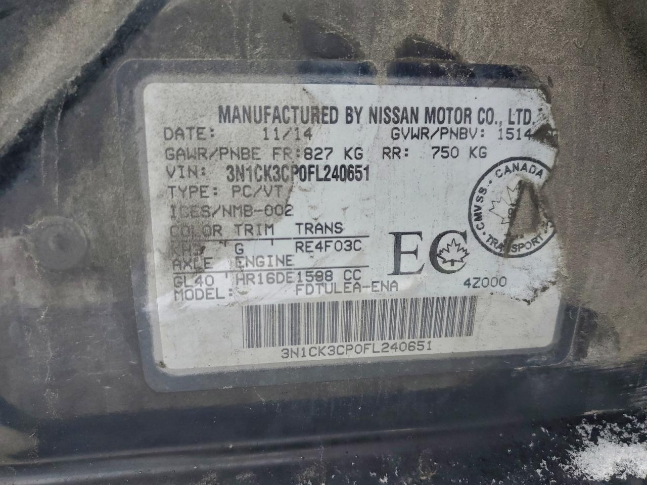 2015 Nissan Micra VIN: 3N1CK3CP0FL240651 Lot: 94913535