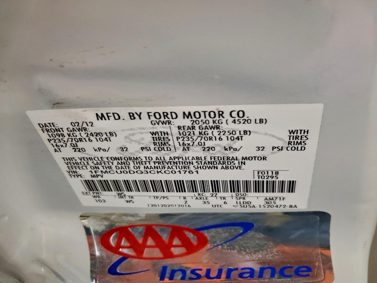 2012 Ford Escape Xlt VIN: 1FMCU0DG3CKC01761 Lot: 95213305