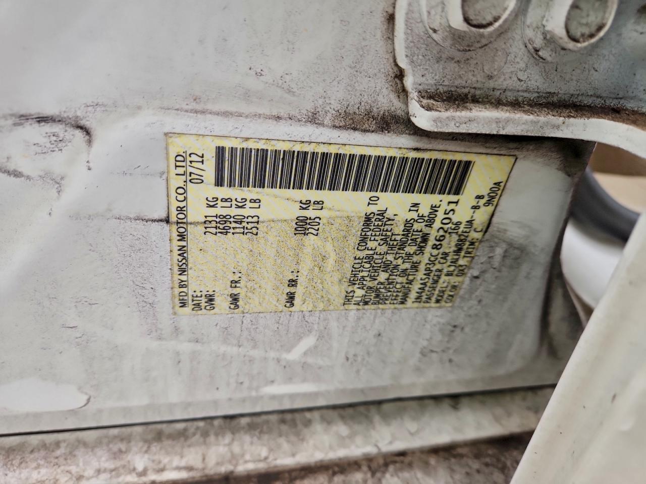 2012 Nissan Maxima S VIN: 1N4AA5AP3CC862051 Lot: 94078555