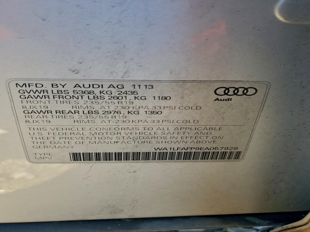 2014 Audi Q5 Premium Plus VIN: WA1LFAFP9EA057928 Lot: 95887465