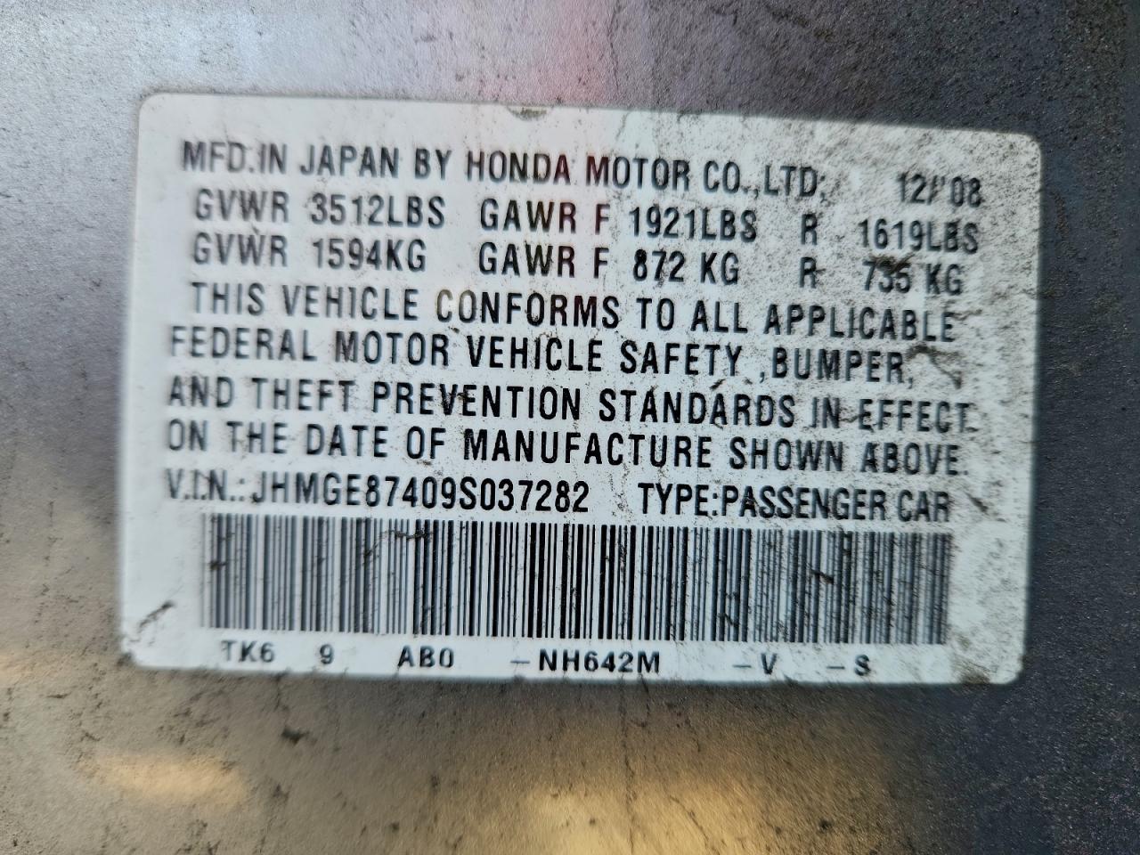 2009 Honda Fit Sport VIN: JHMGE87409S037282 Lot: 95029745
