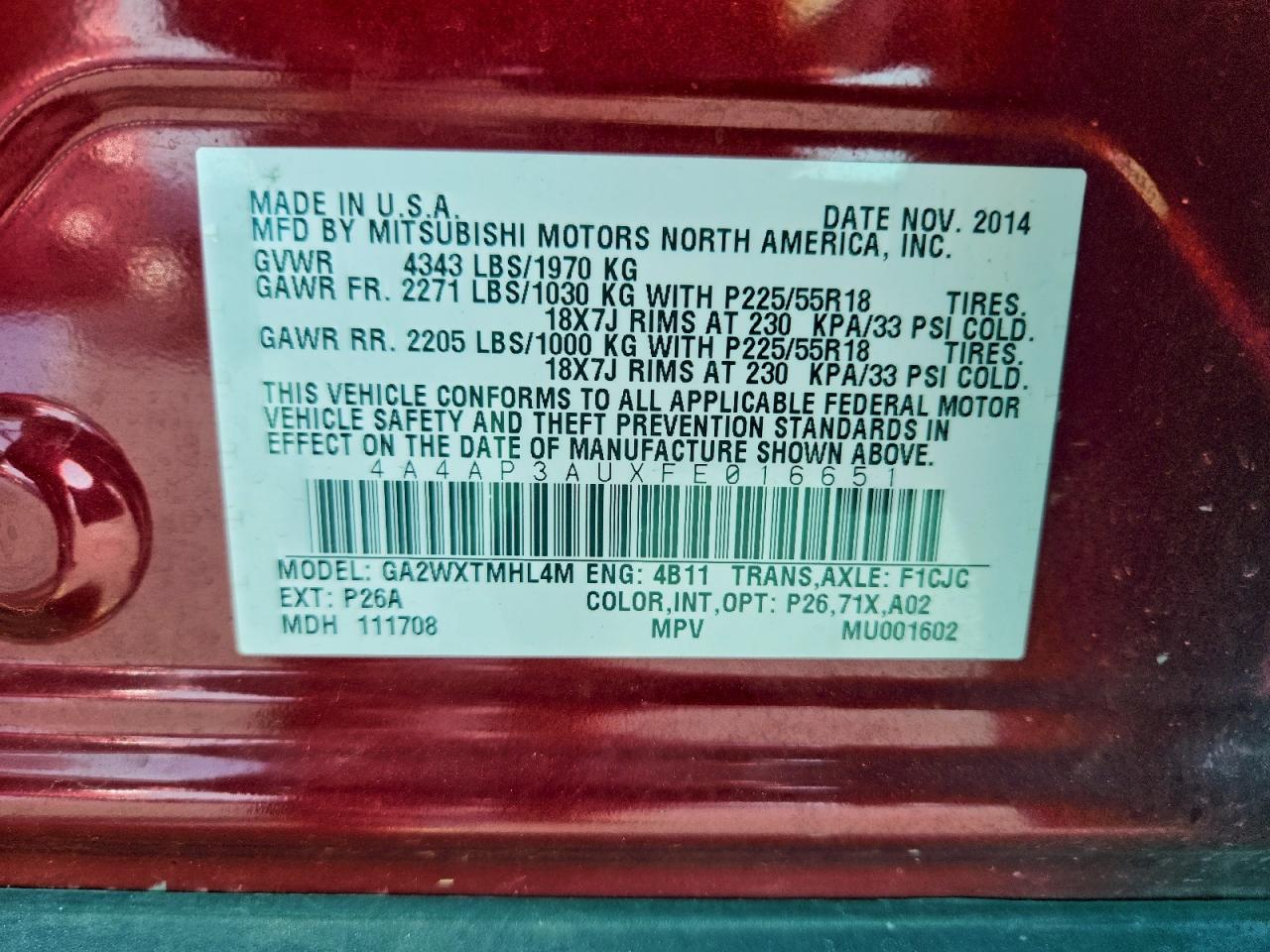 2015 Mitsubishi Outlander Sport Es VIN: 4A4AP3AUXFE016651 Lot: 95001975
