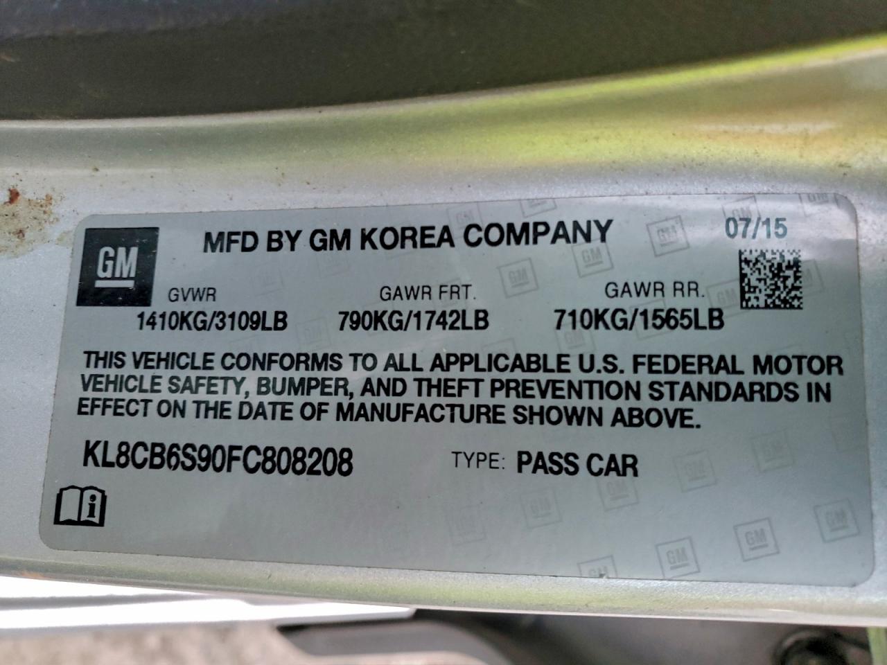 2015 Chevrolet Spark Ls VIN: KL8CB6S90FC808208 Lot: 93880015