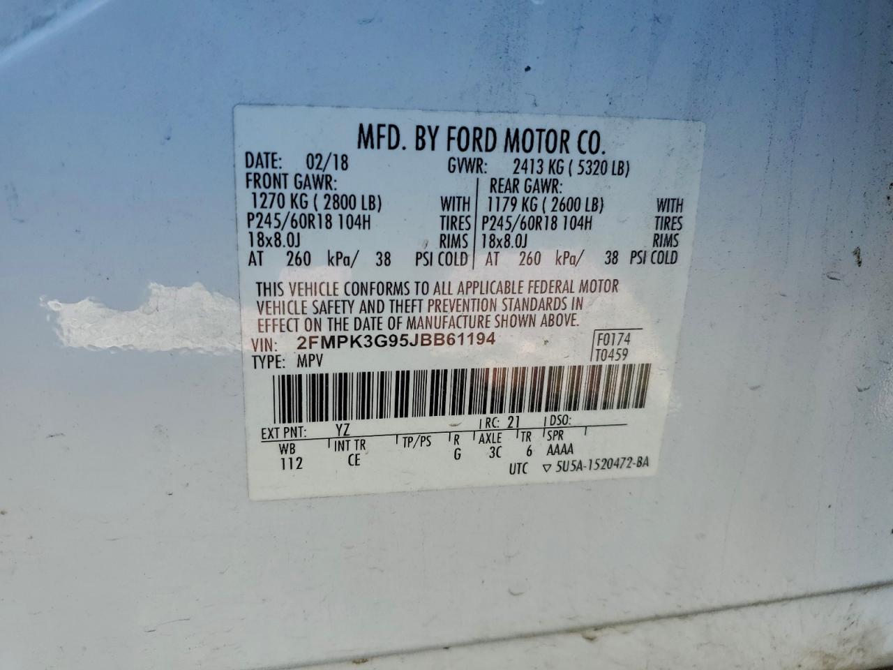 2018 Ford Edge Se VIN: 2FMPK3G95JBB61194 Lot: 96286005