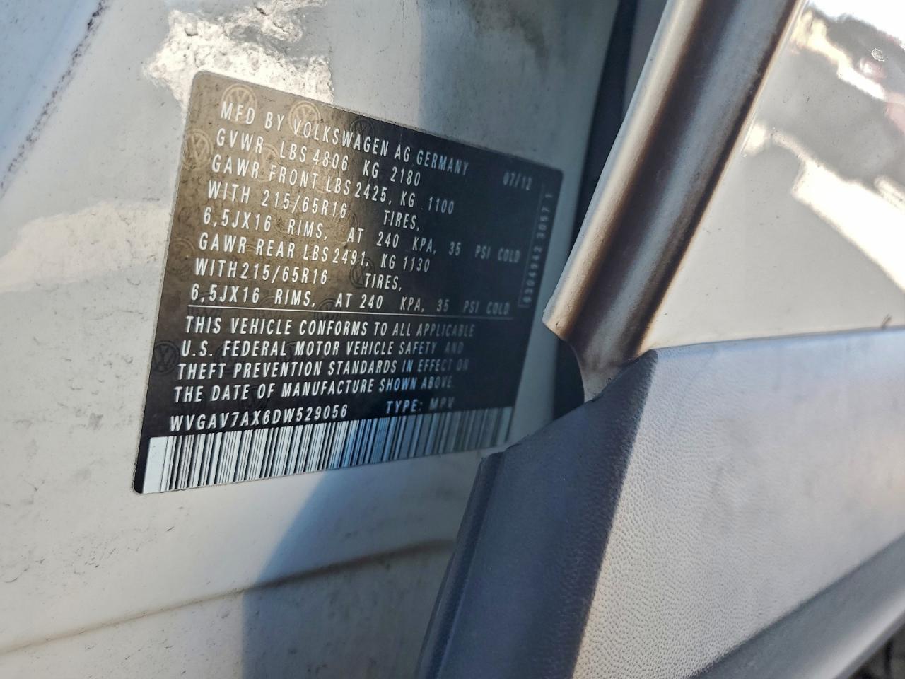 2013 Volkswagen Tiguan S VIN: WVGAV7AX6DW529056 Lot: 95997665