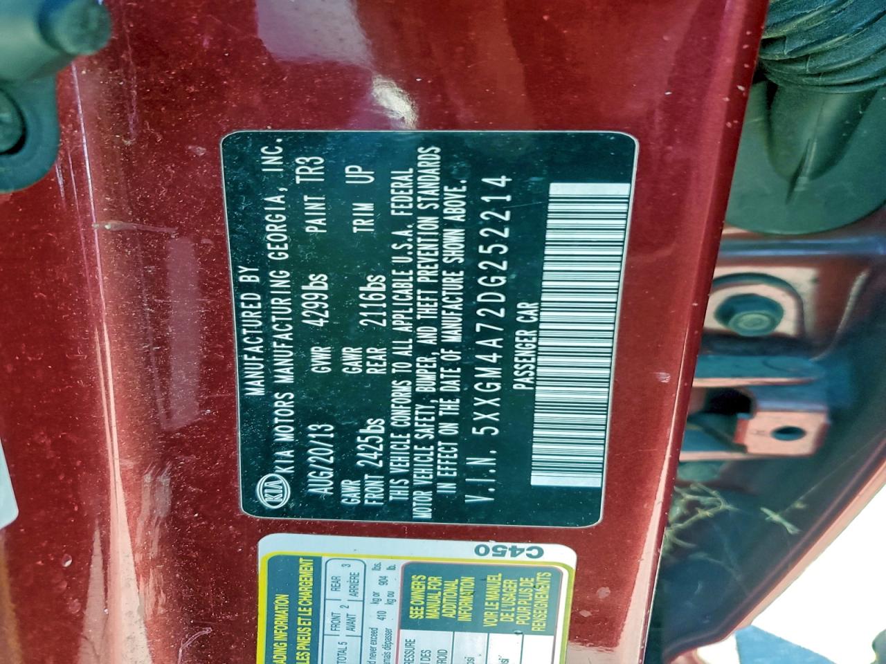 2013 Kia Optima Lx VIN: 5XXGM4A72DG252214 Lot: 95415375