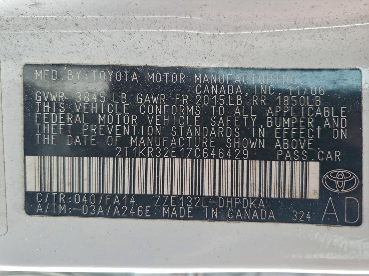 2007 Toyota Corolla Matrix Xr VIN: 2T1KR32E17C646429 Lot: 95191405