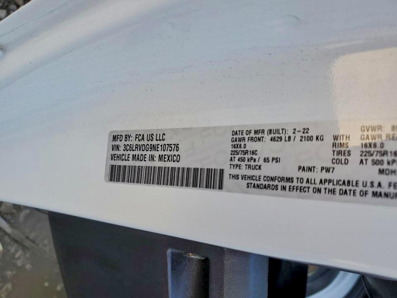 2022 Ram Promaster 2500 Delivery Van VIN: 3C6LRVDG9NE107576 Lot: 87078365