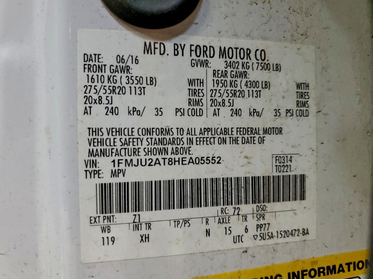 2017 Ford Expedition Limited VIN: 1FMJU2AT8HEA05552 Lot: 96353805