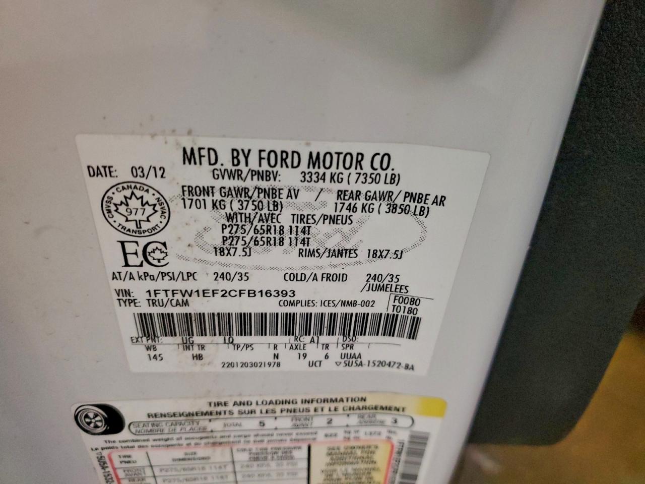 2012 Ford F150 Supercrew VIN: 1FTFW1EF2CFB16393 Lot: 94445745