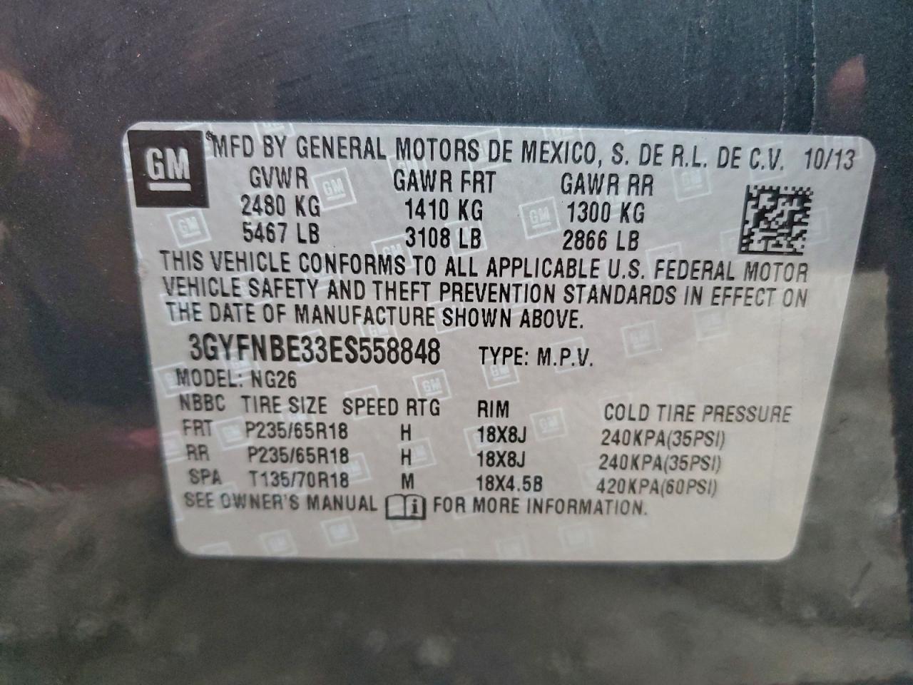 2014 Cadillac Srx Luxury Collection VIN: 3GYFNBE33ES558848 Lot: 94338535