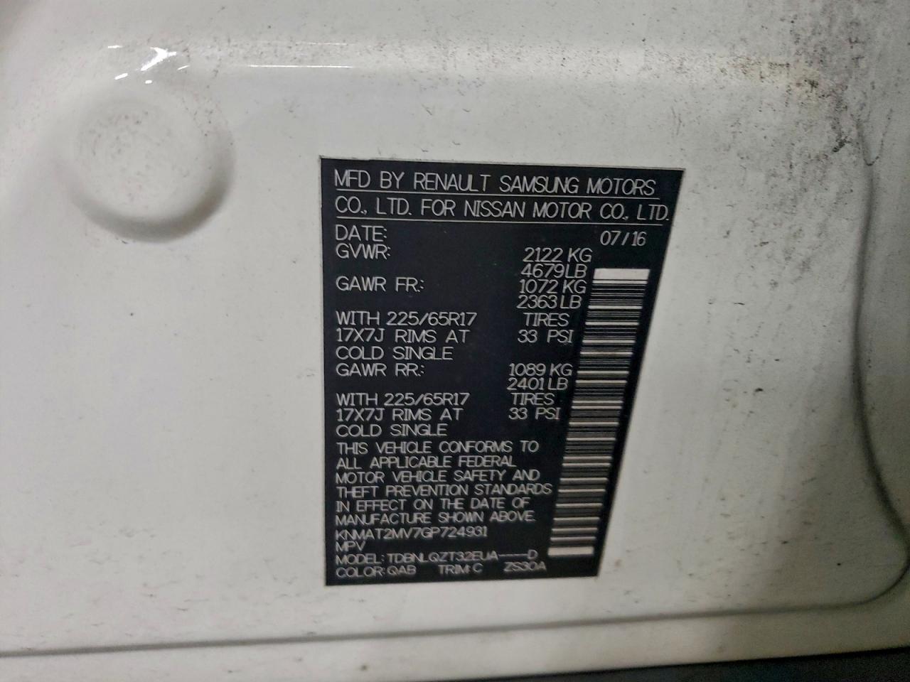 2016 Nissan Rogue S VIN: KNMAT2MV7GP724931 Lot: 95097065