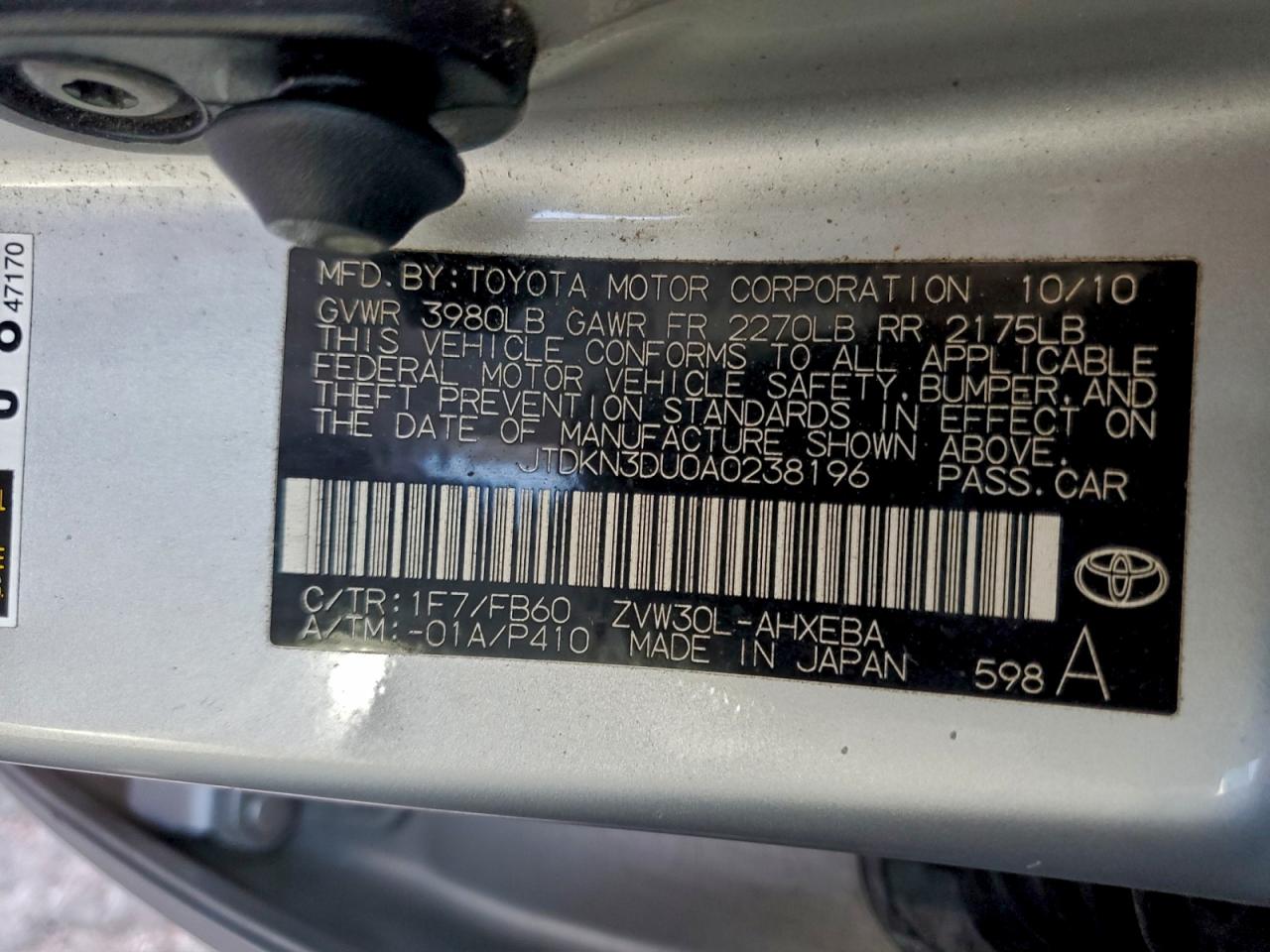 2010 Toyota Prius VIN: JTDKN3DU0A0238196 Lot: 96327155