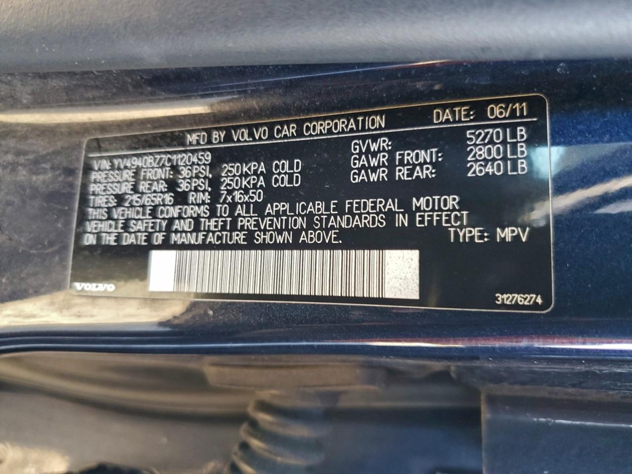 2012 Volvo Xc70 3.2 VIN: YV4940BZ7C1120459 Lot: 95716365