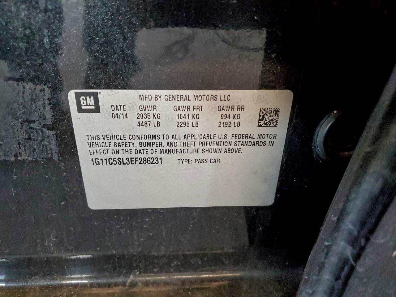 2014 Chevrolet Malibu 1Lt VIN: 1G11C5SL3EF286231 Lot: 96105155