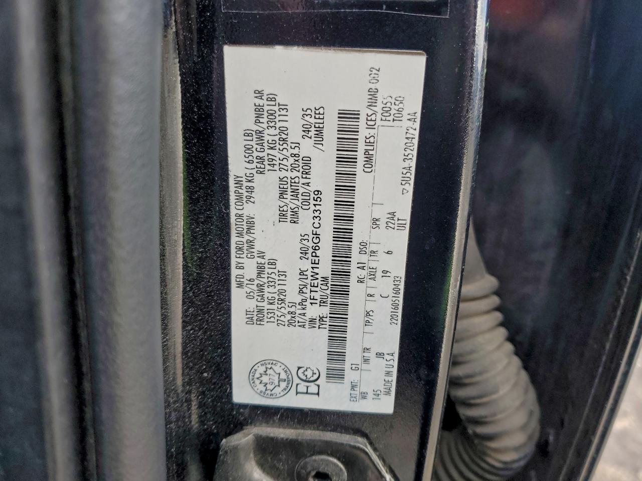 2016 Ford F150 Supercrew VIN: 1FTEW1EP6GFC33159 Lot: 95859255