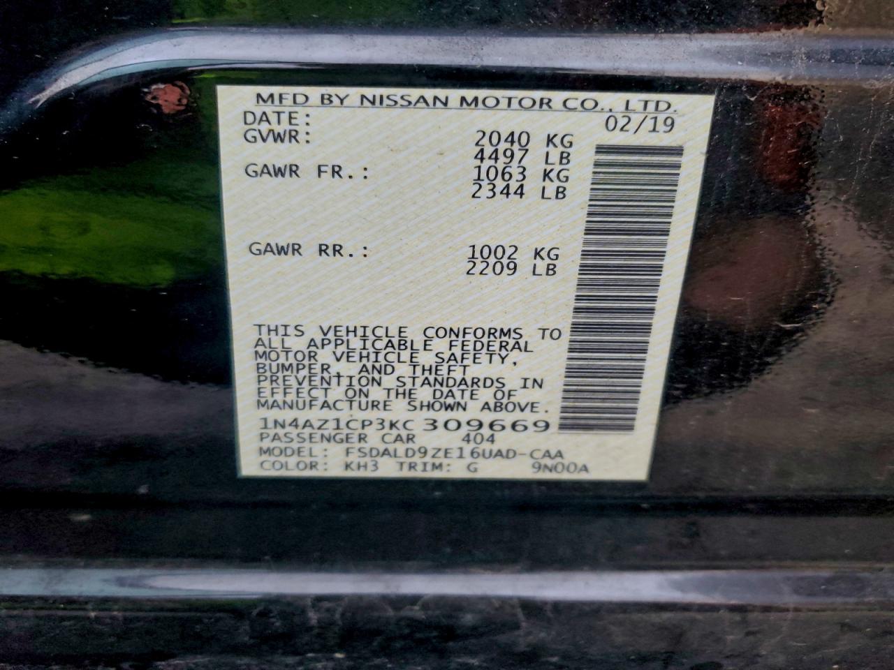 2019 Nissan Leaf S VIN: 1N4AZ1CP3KC309669 Lot: 96071345