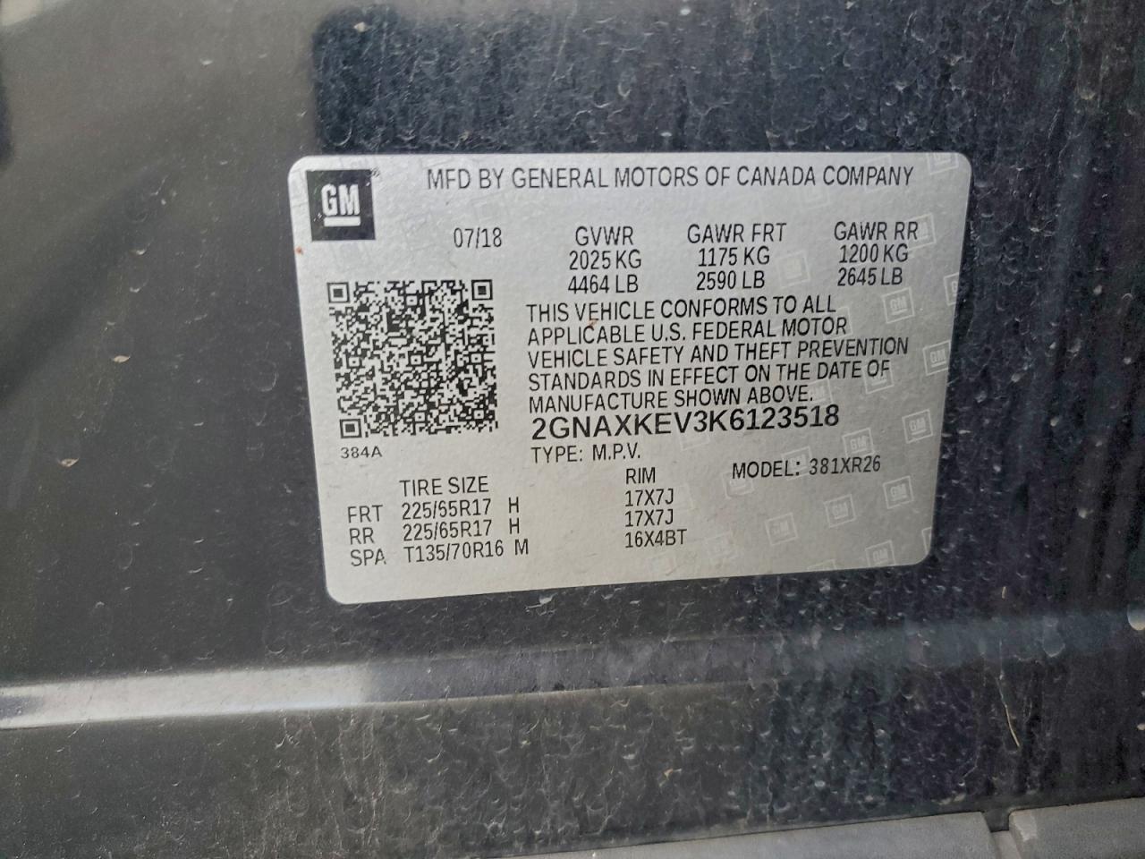 2019 Chevrolet Equinox Lt VIN: 2GNAXKEV3K6123518 Lot: 85445905