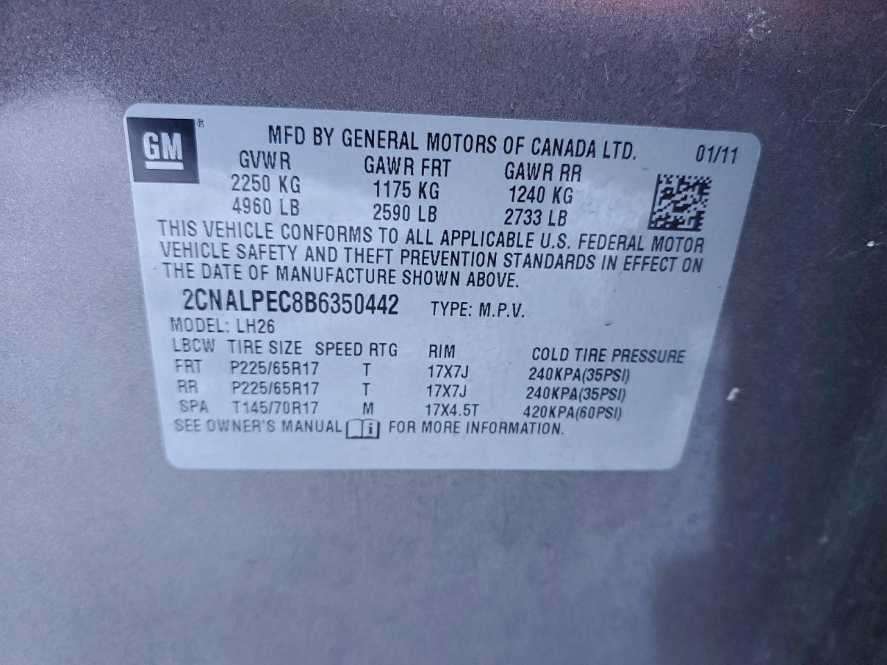 2011 Chevrolet Equinox Lt VIN: 2CNALPEC8B6350442 Lot: 91871605