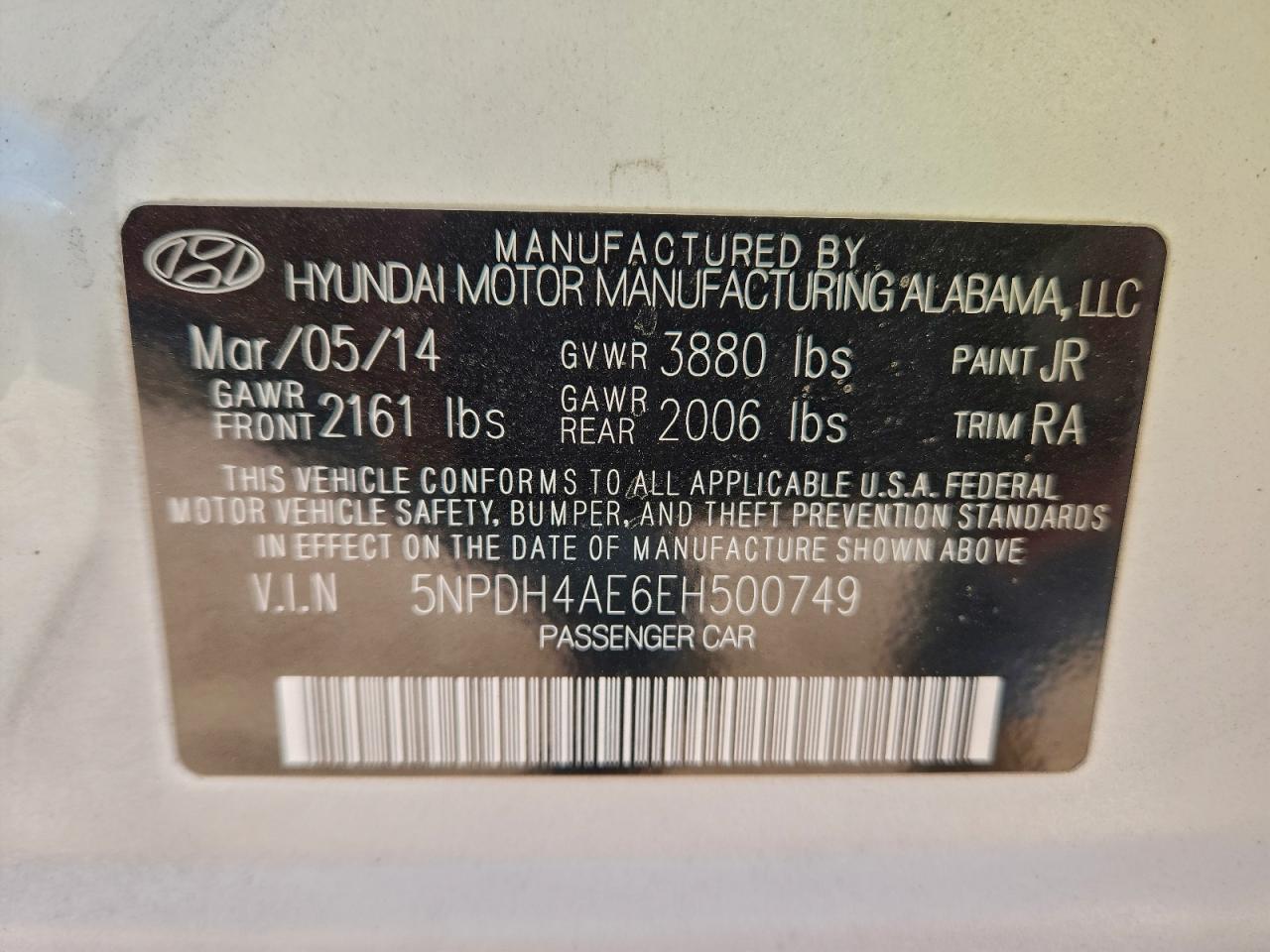 2014 Hyundai Elantra Se VIN: 5NPDH4AE6EH500749 Lot: 96903055
