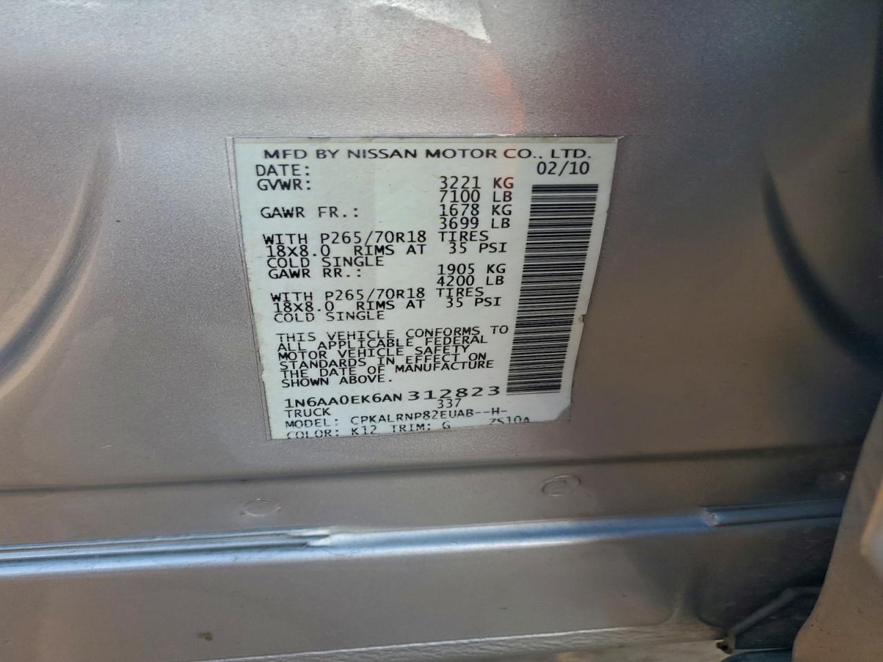 2010 Niss Titan Xe VIN: 1N6AA0EK6AN312823 Lot: 94307195